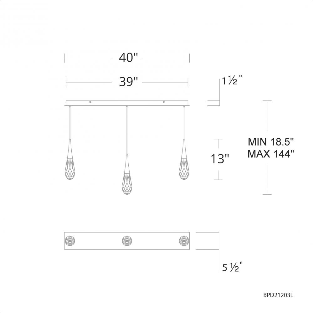 Hibiscus 3 Light 120-277V Multi-Light Pendant (Linear Canopy) in Black with Clear Optic Crystal